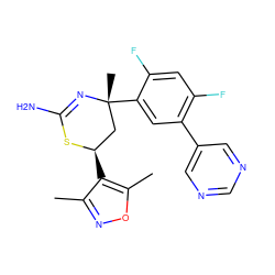 Cc1noc(C)c1[C@@H]1C[C@@](C)(c2cc(-c3cncnc3)c(F)cc2F)N=C(N)S1 ZINC000221395115