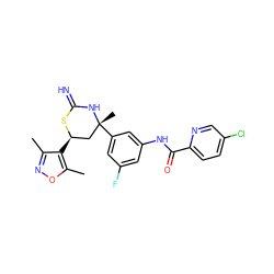 Cc1noc(C)c1[C@@H]1C[C@@](C)(c2cc(F)cc(NC(=O)c3ccc(Cl)cn3)c2)NC(=N)S1 ZINC000653859646