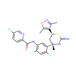 Cc1noc(C)c1[C@@H]1C[C@@](C)(c2cc(NC(=O)c3ccc(Cl)cn3)c(F)cc2F)NC(=N)S1 ZINC000653857063