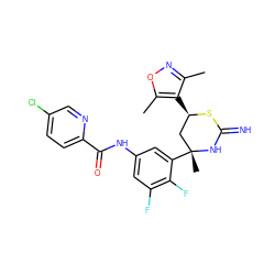 Cc1noc(C)c1[C@@H]1C[C@@](C)(c2cc(NC(=O)c3ccc(Cl)cn3)cc(F)c2F)NC(=N)S1 ZINC000653859576