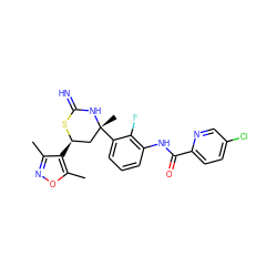 Cc1noc(C)c1[C@@H]1C[C@@](C)(c2cccc(NC(=O)c3ccc(Cl)cn3)c2F)NC(=N)S1 ZINC000653859675