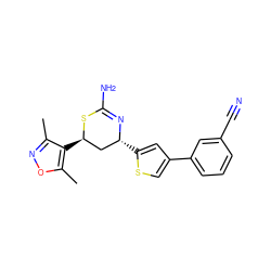 Cc1noc(C)c1[C@@H]1C[C@@H](c2cc(-c3cccc(C#N)c3)cs2)N=C(N)S1 ZINC000221390252