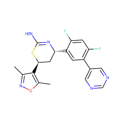 Cc1noc(C)c1[C@@H]1C[C@@H](c2cc(-c3cncnc3)c(F)cc2F)N=C(N)S1 ZINC000220135806