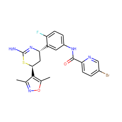 Cc1noc(C)c1[C@@H]1C[C@@H](c2cc(NC(=O)c3ccc(Br)cn3)ccc2F)N=C(N)S1 ZINC000221390006