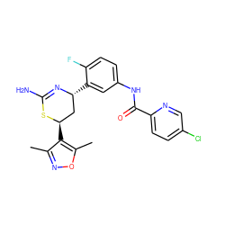 Cc1noc(C)c1[C@@H]1C[C@@H](c2cc(NC(=O)c3ccc(Cl)cn3)ccc2F)N=C(N)S1 ZINC000221390330