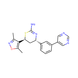 Cc1noc(C)c1[C@@H]1C[C@@H](c2cccc(-c3cncnc3)c2)N=C(N)S1 ZINC000220200886