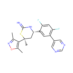 Cc1noc(C)c1[C@]1(C)C[C@@H](c2cc(-c3cncnc3)c(F)cc2F)NC(=N)S1 ZINC000653878742