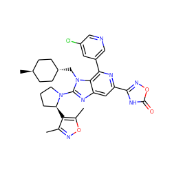 Cc1noc(C)c1[C@H]1CCCN1c1nc2cc(-c3noc(=O)[nH]3)nc(-c3cncc(Cl)c3)c2n1C[C@H]1CC[C@H](C)CC1 ZINC000261103609