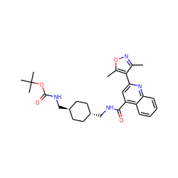 Cc1noc(C)c1-c1cc(C(=O)NC[C@H]2CC[C@H](CNC(=O)OC(C)(C)C)CC2)c2ccccc2n1 ZINC000261127951