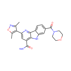 Cc1noc(C)c1-c1cc(C(N)=O)c2[nH]c3cc(C(=O)N4CCOCC4)ccc3c2n1 ZINC000113201238