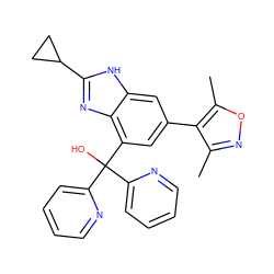 Cc1noc(C)c1-c1cc(C(O)(c2ccccn2)c2ccccn2)c2nc(C3CC3)[nH]c2c1 ZINC000219358367