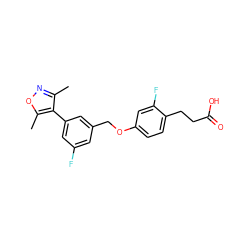 Cc1noc(C)c1-c1cc(F)cc(COc2ccc(CCC(=O)O)c(F)c2)c1 ZINC000653849299