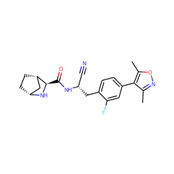 Cc1noc(C)c1-c1ccc(C[C@@H](C#N)NC(=O)[C@H]2N[C@@H]3CC[C@H]2C3)c(F)c1 ZINC000219312300