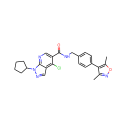 Cc1noc(C)c1-c1ccc(CNC(=O)c2cnc3c(cnn3C3CCCC3)c2Cl)cc1 ZINC000049115861