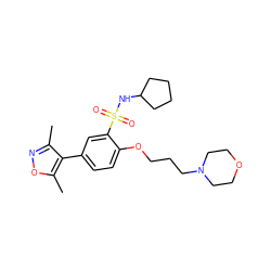 Cc1noc(C)c1-c1ccc(OCCCN2CCOCC2)c(S(=O)(=O)NC2CCCC2)c1 ZINC000095574519