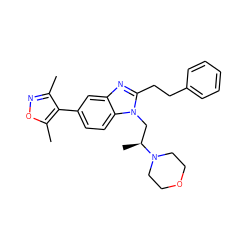 Cc1noc(C)c1-c1ccc2c(c1)nc(CCc1ccccc1)n2C[C@H](C)N1CCOCC1 ZINC000653726544