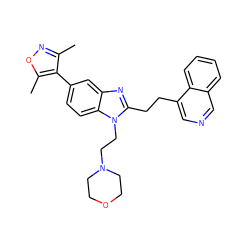 Cc1noc(C)c1-c1ccc2c(c1)nc(CCc1cncc3ccccc13)n2CCN1CCOCC1 ZINC001772631662