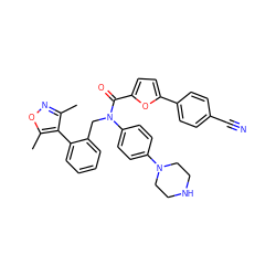 Cc1noc(C)c1-c1ccccc1CN(C(=O)c1ccc(-c2ccc(C#N)cc2)o1)c1ccc(N2CCNCC2)cc1 ZINC000073224780