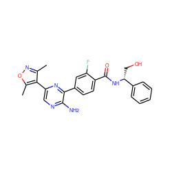 Cc1noc(C)c1-c1cnc(N)c(-c2ccc(C(=O)N[C@H](CO)c3ccccc3)c(F)c2)n1 ZINC001772615871