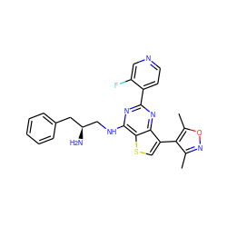 Cc1noc(C)c1-c1csc2c(NC[C@@H](N)Cc3ccccc3)nc(-c3ccncc3F)nc12 ZINC000223676290