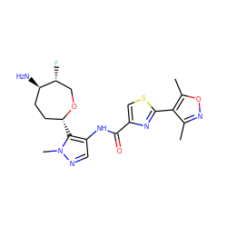 Cc1noc(C)c1-c1nc(C(=O)Nc2cnn(C)c2[C@@H]2CC[C@@H](N)[C@H](F)CO2)cs1 ZINC000205658631