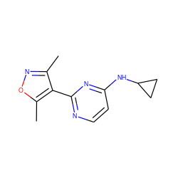 Cc1noc(C)c1-c1nccc(NC2CC2)n1 ZINC000004265313