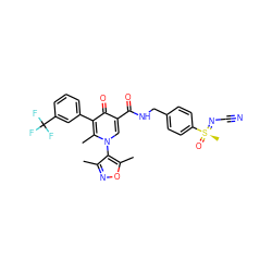 Cc1noc(C)c1-n1cc(C(=O)NCc2ccc([S@@](C)(=O)=NC#N)cc2)c(=O)c(-c2cccc(C(F)(F)F)c2)c1C ZINC000149899596