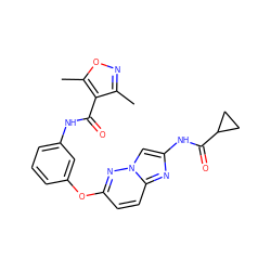 Cc1noc(C)c1C(=O)Nc1cccc(Oc2ccc3nc(NC(=O)C4CC4)cn3n2)c1 ZINC000095605806