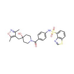 Cc1noc(C)c1CC1(O)CCN(C(=O)c2ccc(NS(=O)(=O)c3cccc4scnc34)cc2)CC1 ZINC000217810011