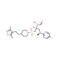 Cc1noc(C)c1CCC1CCN(S(=O)(=O)C[C@](C)(C[C@H](C)c2ncc(F)cn2)N(O)C=O)CC1 ZINC000064744200