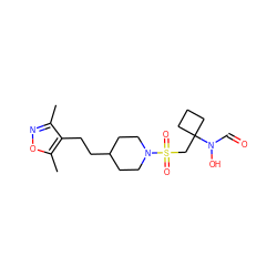 Cc1noc(C)c1CCC1CCN(S(=O)(=O)CC2(N(O)C=O)CCC2)CC1 ZINC000071280574