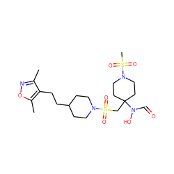 Cc1noc(C)c1CCC1CCN(S(=O)(=O)CC2(N(O)C=O)CCN(S(C)(=O)=O)CC2)CC1 ZINC000071295186