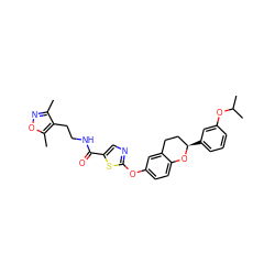 Cc1noc(C)c1CCNC(=O)c1cnc(Oc2ccc3c(c2)CC[C@@H](c2cccc(OC(C)C)c2)O3)s1 ZINC000169688252