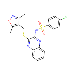 Cc1noc(C)c1CSc1nc2ccccc2nc1NS(=O)(=O)c1ccc(Cl)cc1 ZINC000003503745