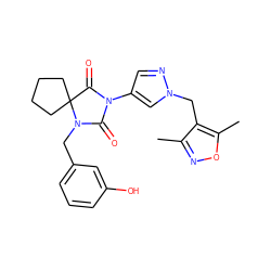 Cc1noc(C)c1Cn1cc(N2C(=O)N(Cc3cccc(O)c3)C3(CCCC3)C2=O)cn1 ZINC000115731358