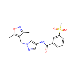 Cc1noc(C)c1Cn1cc(NC(=O)c2cccc(S(C)(=O)=O)c2)cn1 ZINC000116673153