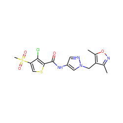 Cc1noc(C)c1Cn1cc(NC(=O)c2scc(S(C)(=O)=O)c2Cl)cn1 ZINC000006417829