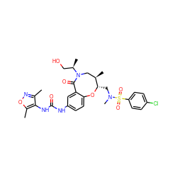 Cc1noc(C)c1NC(=O)Nc1ccc2c(c1)C(=O)N([C@H](C)CO)C[C@@H](C)[C@H](CN(C)S(=O)(=O)c1ccc(Cl)cc1)O2 ZINC000095861214