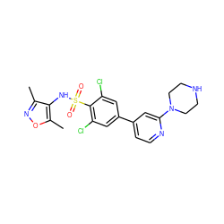 Cc1noc(C)c1NS(=O)(=O)c1c(Cl)cc(-c2ccnc(N3CCNCC3)c2)cc1Cl ZINC000117315663