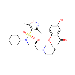 Cc1noc(C)c1S(=O)(=O)N(C[C@@H](O)CN1CCC[C@]2(CC(=O)c3cc(O)ccc3O2)C1)C1CCCCC1 ZINC000071330059