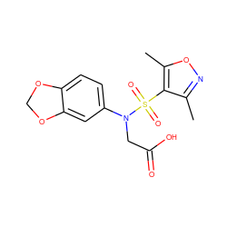 Cc1noc(C)c1S(=O)(=O)N(CC(=O)O)c1ccc2c(c1)OCO2 ZINC000002928375