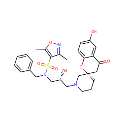 Cc1noc(C)c1S(=O)(=O)N(Cc1ccccc1)C[C@H](O)CN1CCC[C@]2(CC(=O)c3cc(O)ccc3O2)C1 ZINC000071317384