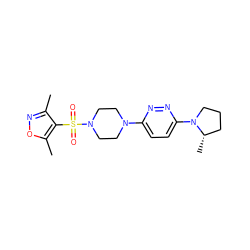 Cc1noc(C)c1S(=O)(=O)N1CCN(c2ccc(N3CCC[C@@H]3C)nn2)CC1 ZINC001772647198