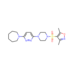 Cc1noc(C)c1S(=O)(=O)N1CCN(c2ccc(N3CCCCCC3)nn2)CC1 ZINC000585174793