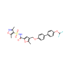 Cc1noc(C)c1S(=O)(=O)NC(=O)c1cc(COc2ccc(-c3ccc(OC(F)F)cc3)cc2)c(C)o1 ZINC000003962731