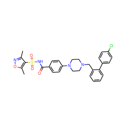 Cc1noc(C)c1S(=O)(=O)NC(=O)c1ccc(N2CCN(Cc3ccccc3-c3ccc(Cl)cc3)CC2)cc1 ZINC000140058798