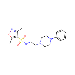 Cc1noc(C)c1S(=O)(=O)NCCN1CCN(c2ccccc2)CC1 ZINC000056327891