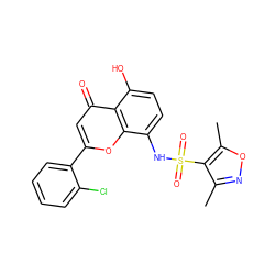 Cc1noc(C)c1S(=O)(=O)Nc1ccc(O)c2c(=O)cc(-c3ccccc3Cl)oc12 ZINC000013879129