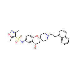 Cc1noc(C)c1S(=O)(=O)Nc1ccc2c(c1)C(=O)CC1(CCN(CCc3cccc4ccccc34)CC1)O2 ZINC000001486418