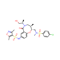 Cc1noc(C)c1S(=O)(=O)Nc1ccc2c(c1)C(=O)N([C@H](C)CO)C[C@@H](C)[C@H](CN(C)S(=O)(=O)c1ccc(Cl)cc1)O2 ZINC000095600542